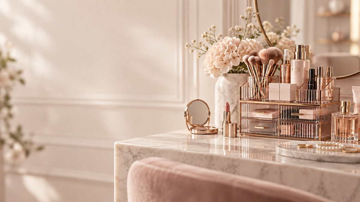 Tocador elegante con organizador de maquillaje, brochas y espejo
