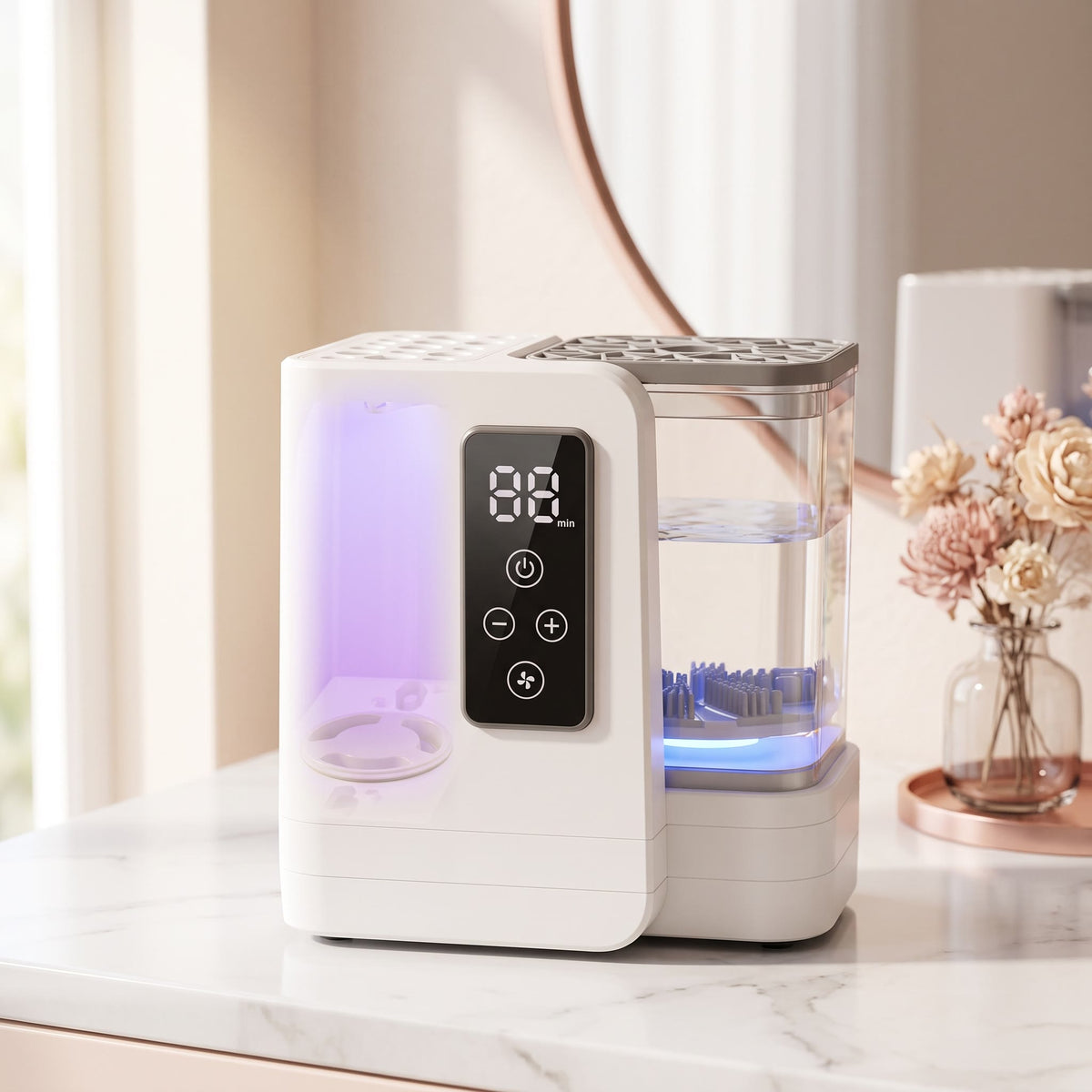 Limpiador eléctrico de brochas LUVYELLE con pantalla digital sobre un tocador